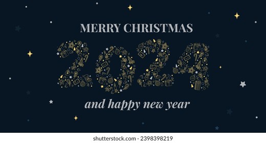 Vector greeting card Merry Christmas and Happy New Year 2024. Design of numbers on dark blue background with golden symbols of Holidays. Trendy winter banner or poster template