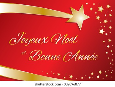 vector greeting card Merry Christmas and happy new year in French red and gold with calligraphic text