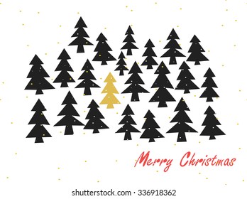 Vector greeting card Merry Christmas with hand-drawn fir trees. Modern gold black background