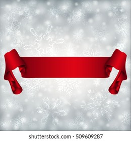 Vector greeting card for Merry Christmas and Happy New Year. Abstract blue blurred background with white glitters, red ribbon and typography text for winter holidays