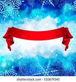 Vector greeting card for Merry Christmas and Happy New Year. Abstract blue blurred background with white glitters, red ribbon and typography text for winter holidays