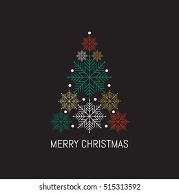 Vector greeting card - Merry Christmas in trendy linear style. Holiday banner. Colorful snowflakes isolated on black background
