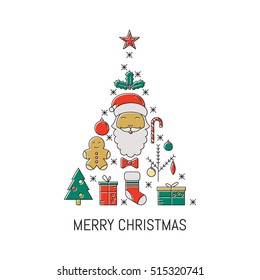 Vector greeting card - Merry Christmas in trendy linear style. Holiday banner. Colorful symbols of Christmas isolated on white background