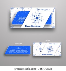 Vector greeting card for Merry Christmas with blue insert and envelope with snowfall pattern.