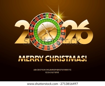 Vector Greeting card Merry Christmas 2026! Luxury Casino Roulette. Gold shiny Font. Premium Alphabet Letters and Numbers set