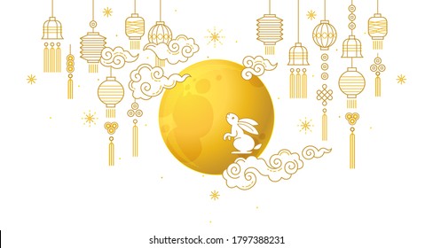 Vector greeting card with Mid Autumn Festival Illustration. Full moon, cute bunny, clouds, Chinese lanterns. Moon Cakes Festival. Traditional Chinese family holiday.