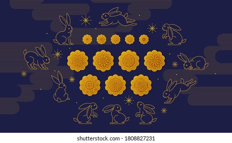 Vector greeting card with Mid Autumn Festival Illustration. Moon cakes, cute bunnies, clouds, Chinese ornament. Happy Mid Autumn Festival. Traditional Chinese family holiday.
