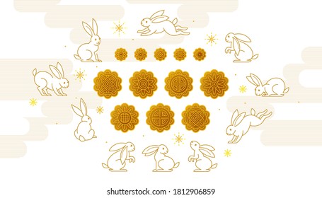 Vector greeting card with Mid Autumn Festival Illustration. Moon cakes, cute bunnies, traditional clouds, Chinese ornament. Happy Mid Autumn Festival. Traditional Chinese family holiday.
