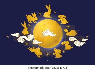 Vector greeting card with Mid Autumn Festival Illustration. Full moon, cute bunnies, clouds, Chinese ornaments. Happy Mid Autumn Festival. Traditional Chinese family holiday.