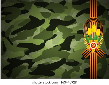 vector greeting card with military objects related to Victory Day or 23 February 