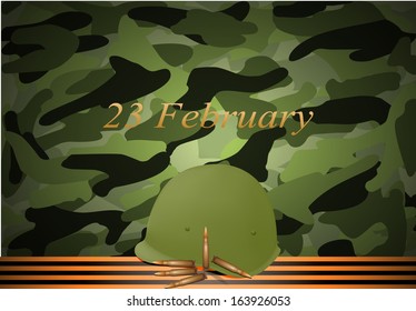 vector greeting card with military objects related to Victory Day or 23 February 