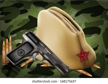 vector greeting card with military objects related to Victory Day or 23 February 