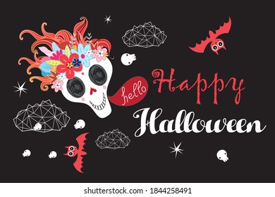 Vector greeting card with monsters and a skull for Halloween on a dark background