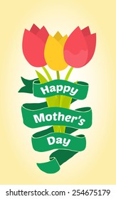 Vector greeting card for Mother 's Day. Tulip bouquet in flat design.