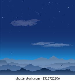 Vector greeting card with mountain landscape. Quiet night, clouds and birds soaring in the sky. Misty hills at midnight