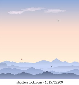 Vector greeting card with mountain landscape. Misty morning, clouds and birds soaring in the sky. Foggy hills meet the dawn