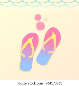 Vector greeting card National Jandal Day. Sandals on the beach, seashells and sand. New Zealand.