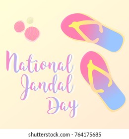 Vector greeting card National Jandal Day. Sandals on the beach, seashells and sand. New Zealand. 