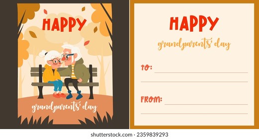 Vector greeting card, with nature happy grandparents day. Elderly people sitting on a skimboard in a fall park. Ready-made autumn greeting card template with a place to fill in congratulations