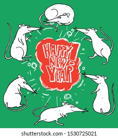 Vector greeting card of New Year 2020 with cheerful rats