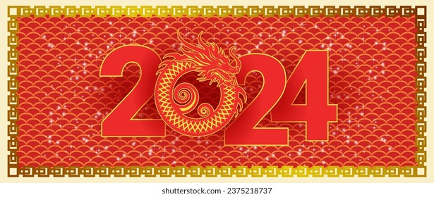 Vector greeting card. New Year and Christmas 2024. Year of the Dragon. Chinese horoscope. Red gold flyer.