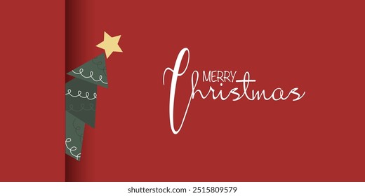 Vector greeting card of new year tree on red background. Merry Christmas concept	