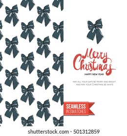 Vector greeting card for new year, Christmas. Seamless pattern with bows on one side, on another inscription: merry christmas.