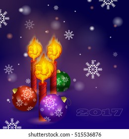 Vector Greeting card for New Year. Christmas background. Three candles with the flame in the form of fiery rooster and Christmas ball on a background of snowflakes. Year of the red rooster.