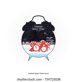 Vector greeting card for the New Year. watch with flat city and decorated tree in them. On the watch pattern of snowflakes.