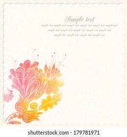 Vector greeting card with nice aquarelle flourish ornament on the light yellow background. Pink and yellow colors.