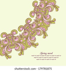 Vector greeting card with nice flourish ornament on the light green background. Spring mood.