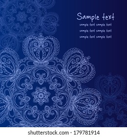 Vector greeting card with nice flourish ornament on the dark blue background. Night sky mood.