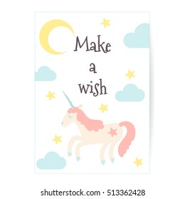 Vector greeting card with night, moon, stars, clouds, magical unicorn and lettering Make a Wish. Creative design for card, postcard, poster. Motivation and inspiration.