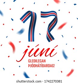 Vector greeting card with the number seventeen folded from a paper in colors of the Icelandic flag, falling confetti, and text isolated on white background. Translation:"17 June. Happy National Day".