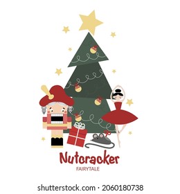 Vektorgrußkarte mit Nutcracker, Ballerina, Weihnachtsbaum mit Geschenken, Sternen und frischem frohen Weihnachten einzeln auf weißem Hintergrund für süße Postkarte, Logo, Einladung