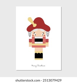 Vector greeting card of nutcracker on white background. Merry Christmas concept