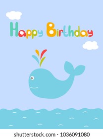 Vector greeting card on a festive theme. Cute whale with a greeting inscription.