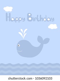 Vector greeting card on a festive theme. Cute whale with a greeting inscription.