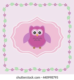 Vector greeting card on a festive theme. In the pretty owl frame, the frame is surrounded by a weave of flowers.