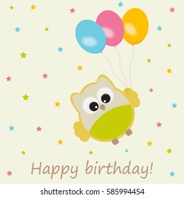 Vector greeting card on a festive theme. Cute owl with balloons among the stars with the words happy birthday.
