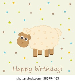 Vector greeting card on a festive theme. Honey lamb among the stars with the words happy birthday.