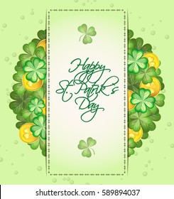 Vector greeting card on a festive St. Patrick's day. Quatrefoil and gold coins protruding from under the stitched parchment.