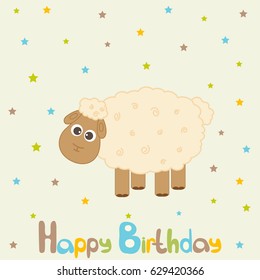 Vector greeting card on a festive theme. Honey lamb among the stars with the words happy birthday.