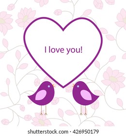 Vector greeting card on the holiday of romance. Love bird singing near the heart with the inscription.