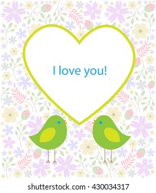 Vector greeting card on the holiday of romance. Love bird singing near the heart with the inscription.