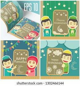 Vector greeting card on the occasion of Ramadan. The people in the picture are depicted as cardboard dolls.  Stars and chalkboard are depicted. The size of the cards is square, for easy editing.