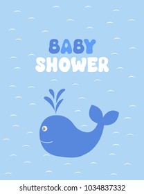 Vector greeting card on the theme of the baby shower. Cute whale with the inscription.