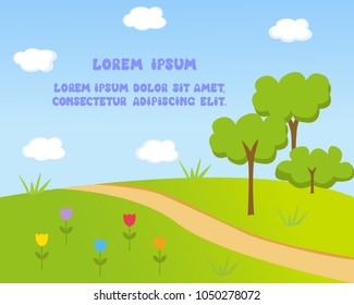 Vector greeting card on the theme of nature. Glade with trees, flowers and clouds. There is a free place for text.