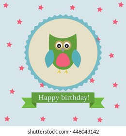 Vector greeting card on the theme of the birthday celebration. The owl in the center of the frame among the stars.