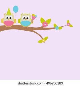Vector greeting card on the theme of the birthday. Owls sitting on a branch with a balloon and flowers. There's space for photo or text.
